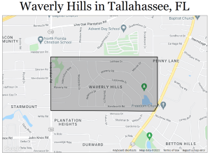 Map of the Waverly Hills area in Tallahassee between Meridian and Thomasville Rds