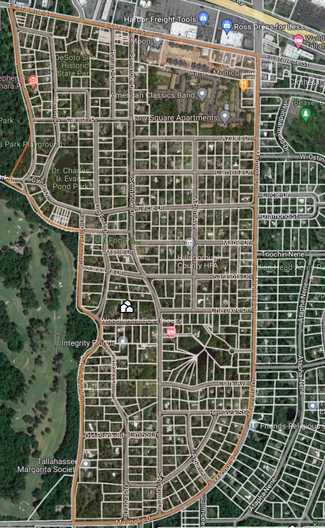 This photo shows the outlines of the Woodland Drives Neighborhood. The Apalachee Parkway is to the north. Capital City Country Club is to the west. Orange Avenue is to the south and Meridian lies to the east.